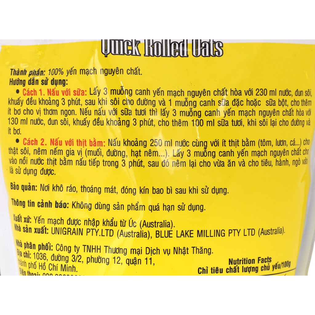 Yến mạch nguyên chất cán dẹt Union Quick Rolled Oats bịch 400g