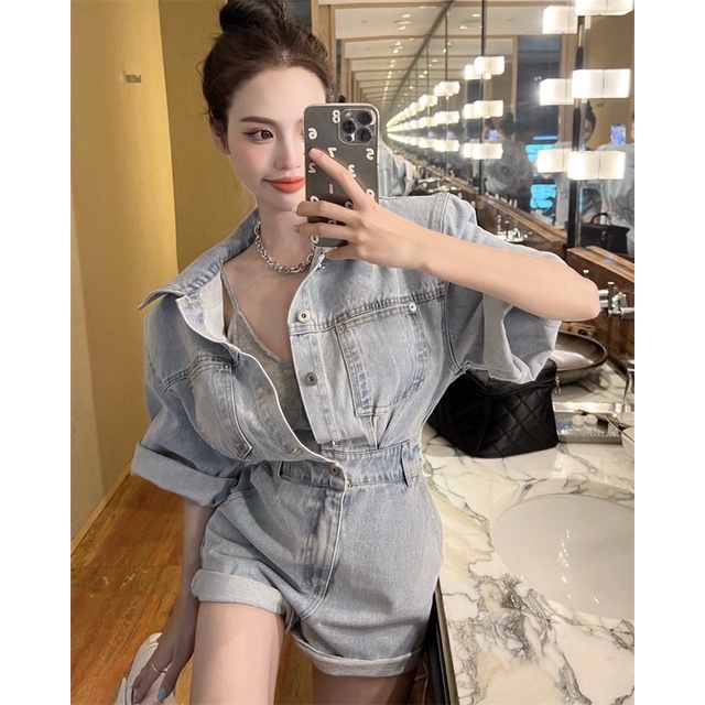 ( ORDER ) Đồ Bay Jumpsuit Ngắn Jeans Bò Tay Cộc Cá Tính