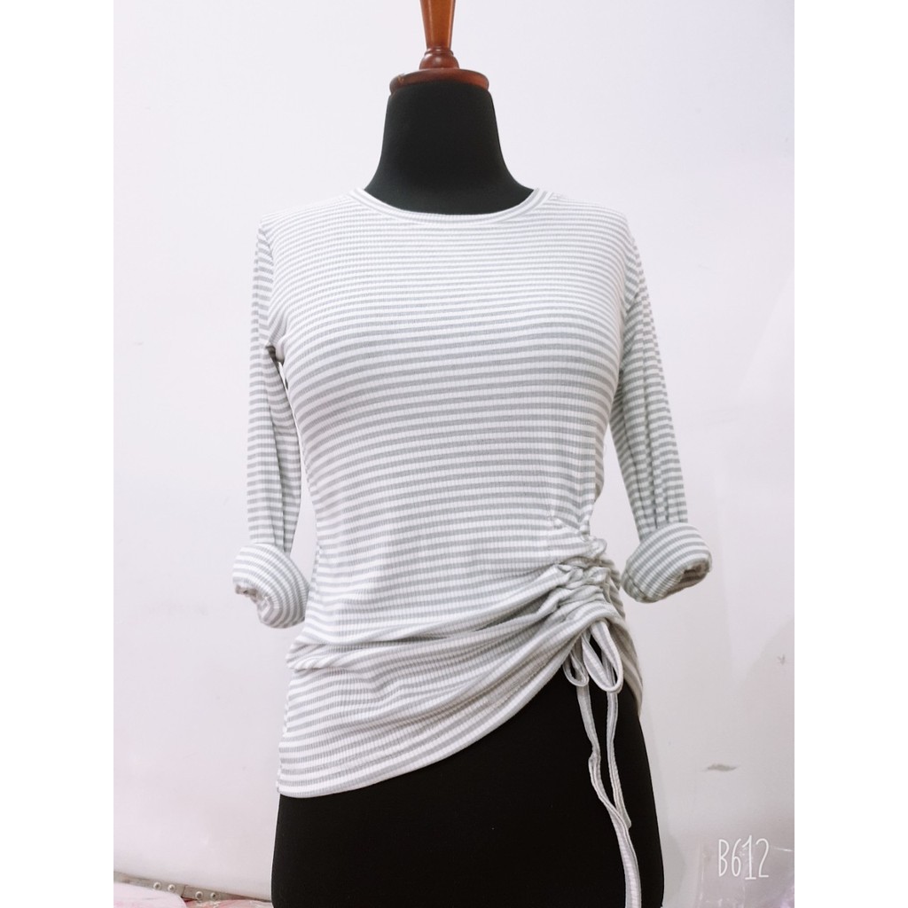 HOT TREND Áo Len Kẻ Dài Tay Rút Eo