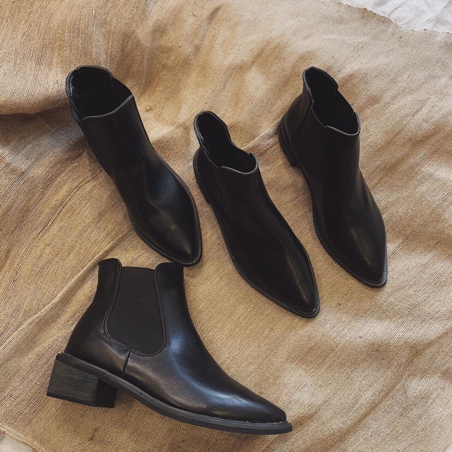 XẢ KHO SALE RẺ VÔ ĐỊCH Bốt nữ boots cổ thấp quai chun màu đen da mịn mũi nhọn Hàn quốc fullbox có hộp