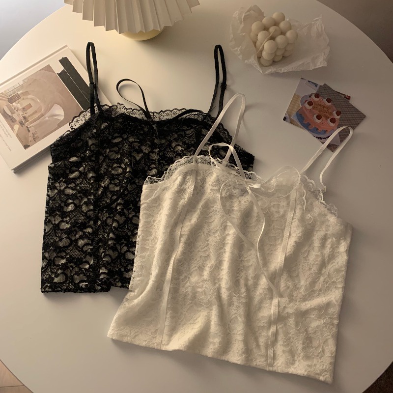 LD-Women’s Fashion Solid Color Lace Camisole Sexy Square Collar Exposed Navel Suspender Tops