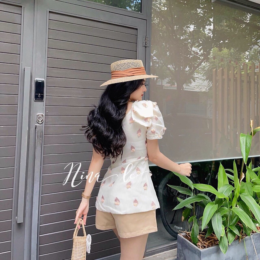 Set áo peplum lệch vai in họa tiết và quần ngắn xinh xắn Rose Fashion