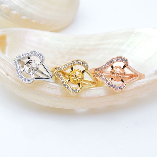 [N9B] Phụ kiện trang sức (DIY) - Khay nhẫn bạc trống vân trơn kiểu Trái tim nạm đá làm nhẫn đính ngọc