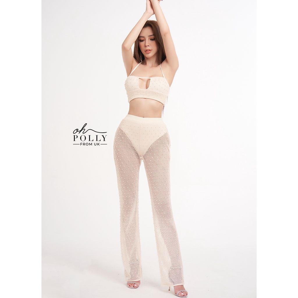 Oh Polly - Set áo croptop cổ yếm và quần dài len móc lưới, đồ nữ sang chảnh