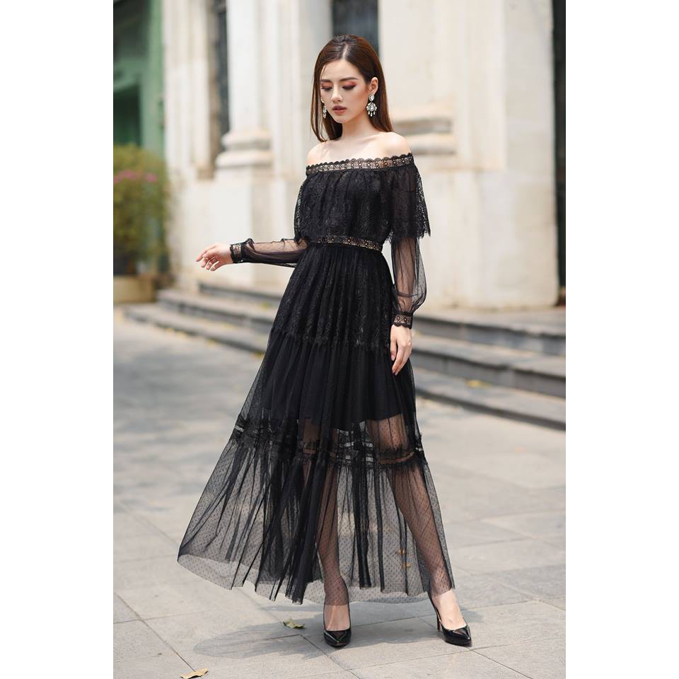 Đầm Maxi dự tiệc phối ren sang trọng CIRINO - Đen họa tiết