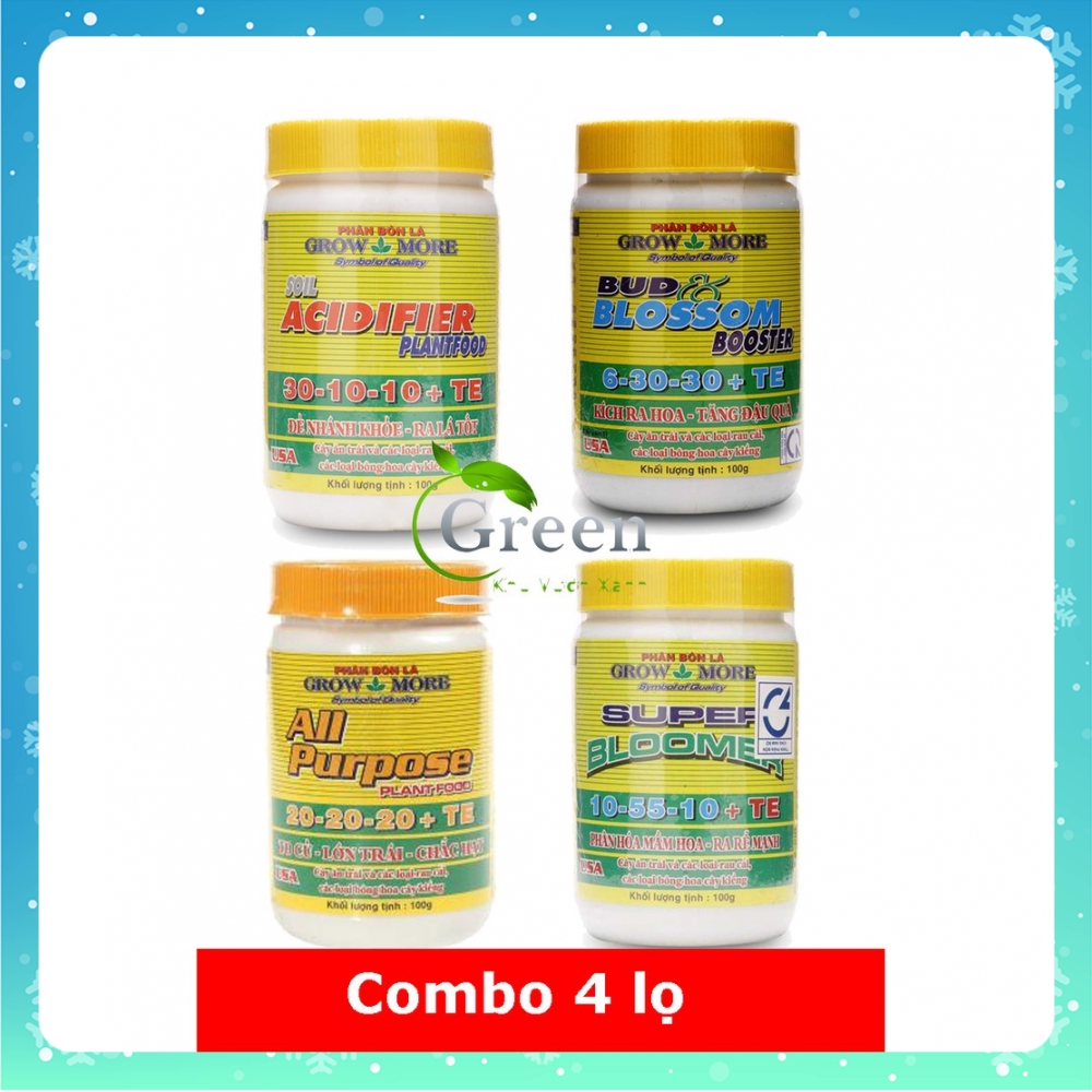 Combo 4 lọ phân bón lá NPK cao cấp hiệu Grow More chăm sóc phong lan, cây cảnh, cây trồng - 100gr/lọ