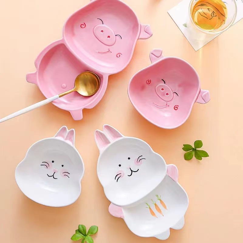 Bát Ăn Dặm Gốm Sứ Kiểu Nhật Cute Cho Bé Hình Lợn Hồng, Chén Ăn Cơm Heo Hồng