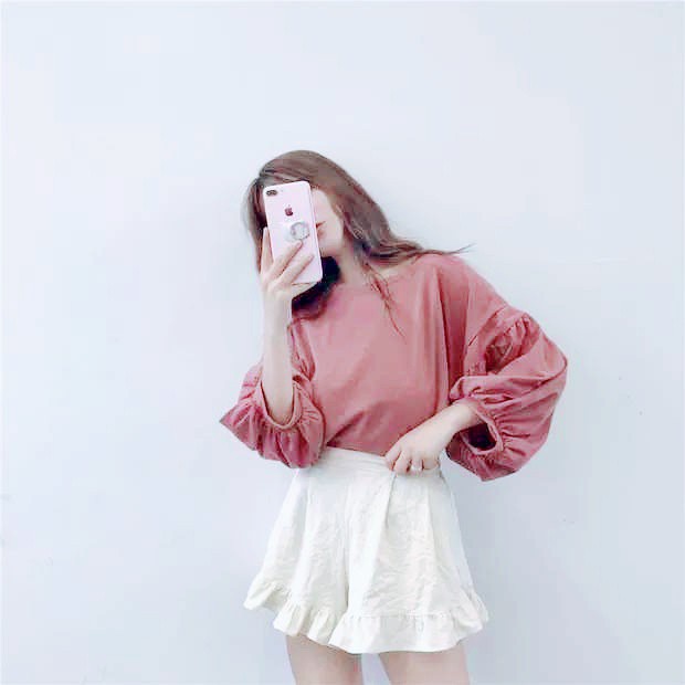 ÁO THUN NỈ TAY BỒNG ULZZANG HỒNG TRẮNG