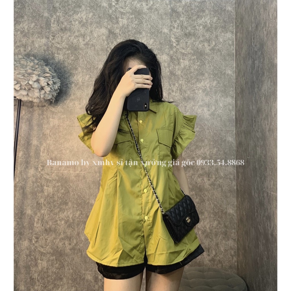 Áo sơ mi nữ cộc tay bèo cánh tiên hàng thiết kế thời trang Banamo Fashion sơ mi cộc tay bèo cánh tiên 3931