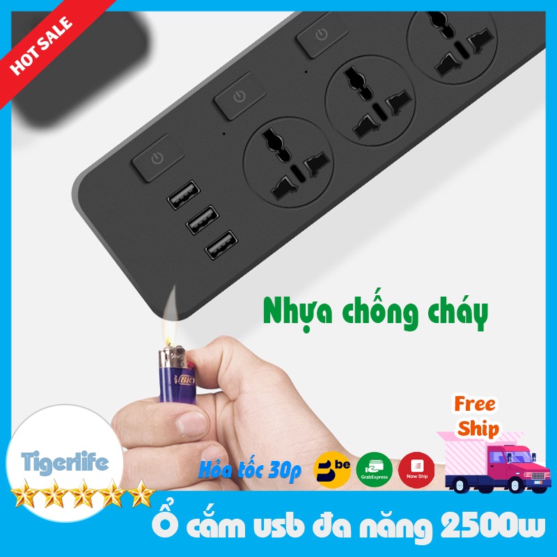 Ổ cắm điện, ổ cắm điện đa năng 3 cổng USB sạc nhanh 5V-2.1A công suất 2500W vật liệu chống cháy dây nối dài 1,8M