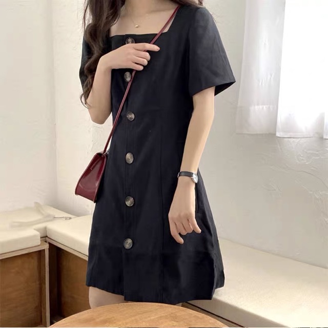 Bigsize M-4XL Đầm cổ vuông basic đơn giản dáng xoè nhẹ, cài cúc giữa