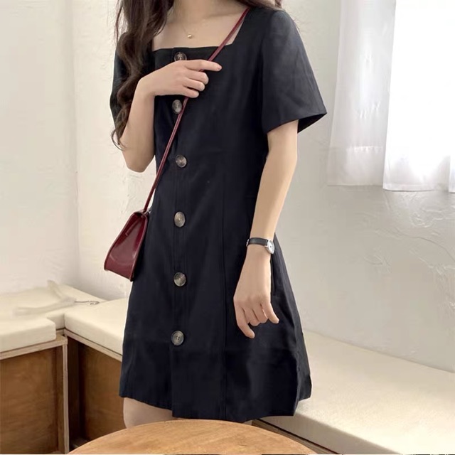 (Order 5-10days) Bigsize M-4XL Đầm cổ vuông basic đơn giản dáng xoè nhẹ, cài cúc giữa