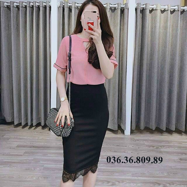 Chân váy bút chì phối tà công sở sang chảnh có ảnh thật