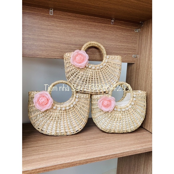 Túi cói bán nguyệt đi biển ⚡ SALE SỐC ⚡ Túi xách tay thiết kế phong cách Vintage phù hợp chụp ảnh, decor
