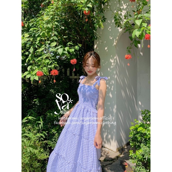 Đầm Caro hai dây nơ, xoè tầng cực tôn da không nhăn - Baby Blue Dress