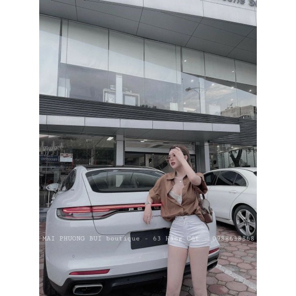 Áo sơ mi thô trơn dáng rộng mềm cộc tay