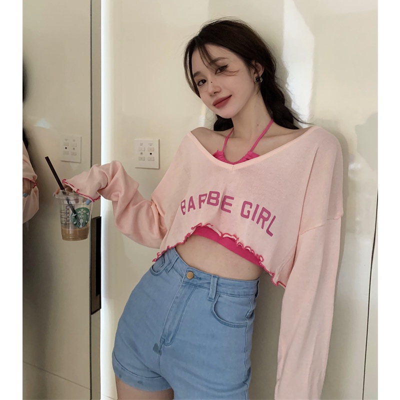 QKOOLE  Set Áo Thun Tay Dài + Áo Yếm Màu Trơn Phong Cách Hàn Quốc Cho Nữ crop top