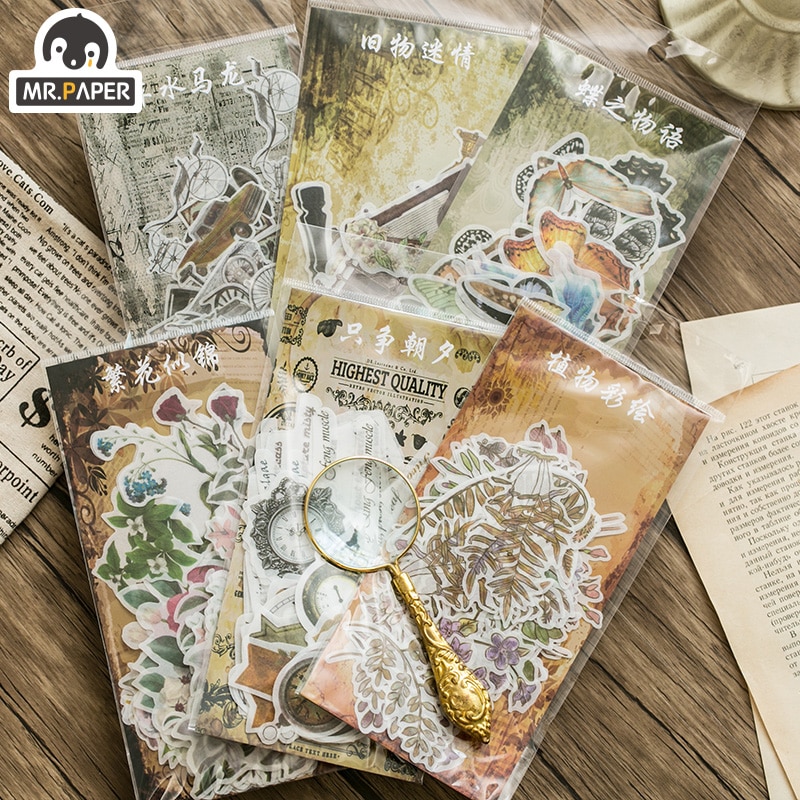 Bộ 60 miếng dán trang trí DIY Mr.Paper 10 thiết kế khác nhau phong cách xưa cũ cổ điển