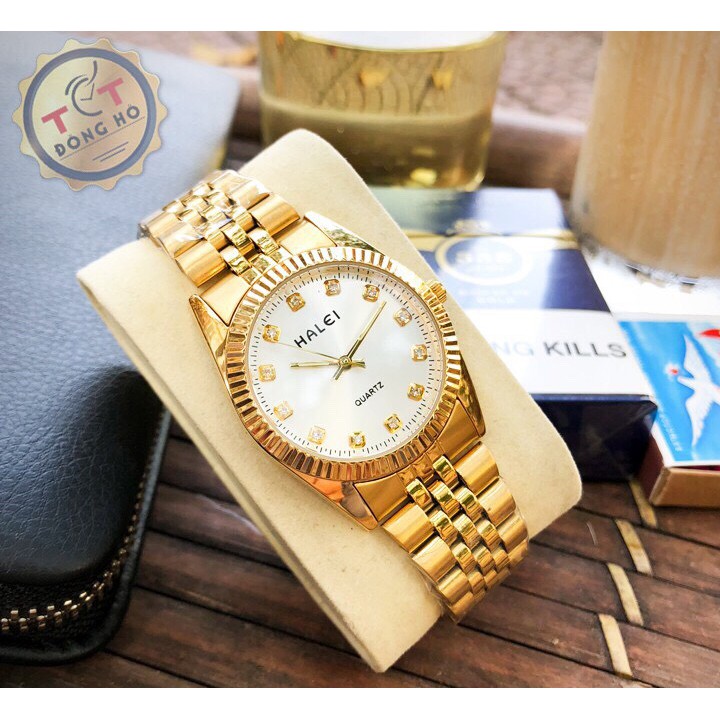 Đồng hồ đôi nam nữ Halei Gold sun Date Just dây thép cao cấp phong cách thượng lưu