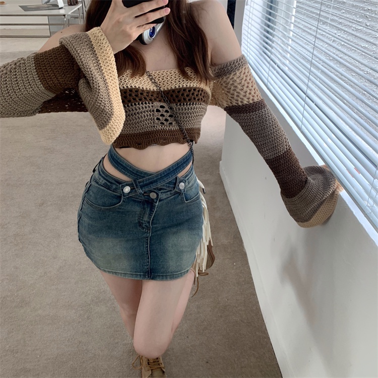 Cocory vn Áo Croptop Dệt Kim Trễ Vai Tay Loe Chống Nắng Gợi Cảm Cho Nữ