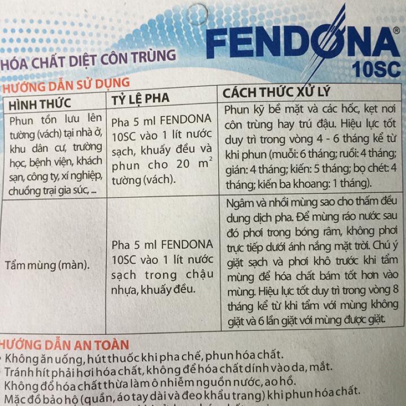 Thuốc  diệt  muỗi  Fendona 10SC diệt và xua đuổi côn trùng, diệt dán, diệt kiến, diệt muỗi, ruồi có hiệu lực kéo dài