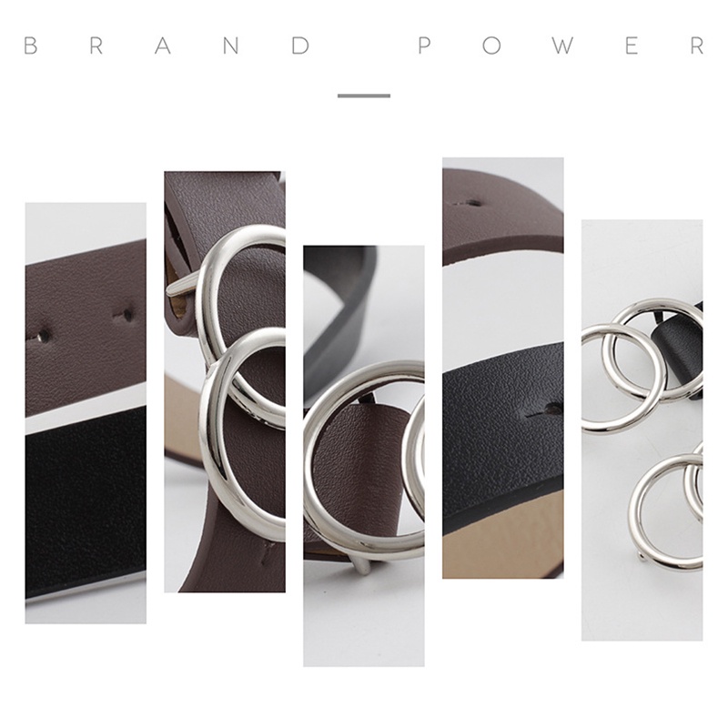 Thắt lưng da màu trơn phối khóa màu bạc dạng vòng tròn đôi phong cách thời trang 2021 cho nữ
