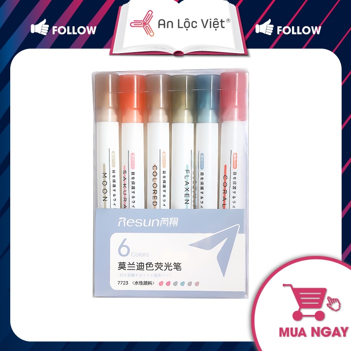 Bộ Bút Dạ Quang 6 Màu, Vỏ Nhựa Resun - Đánh Dấu Tài Liệu Tiện Lợi