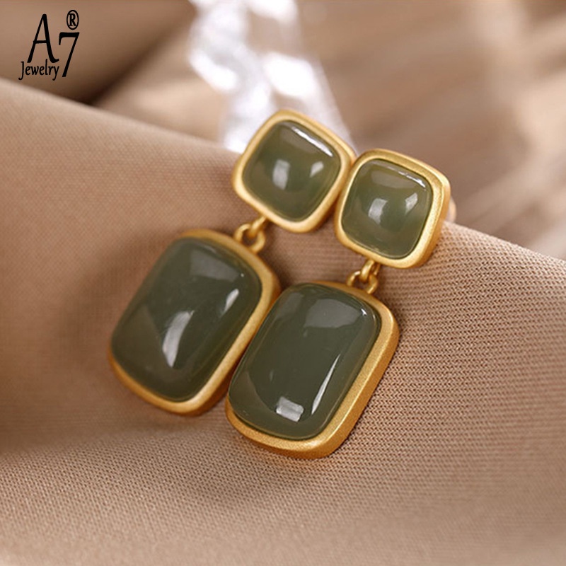 Bông Tai Bạc A7 S925 Đính Đá Ngọc Bích Hình Vuông Thời Trang Cho Nữ