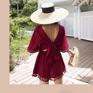 (SẴN) Set bộ lền Jumpsuit nữ hè buộc nơ sau lưng cổ V cộc tay thời trang đi biển S00129