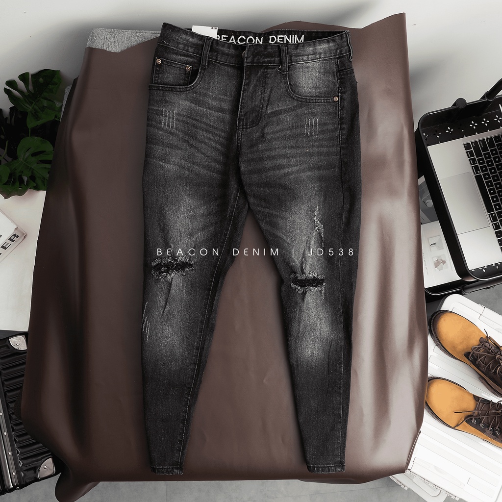 Quần Jean Dài Nam Xám Đen Rách Gối BEACON DENIM Form Slim Fit Basic JD538