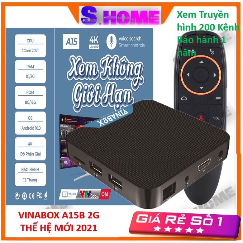 Android TV Box Vinabox A15 B 2021 ĐK Giọng nói Xem 200 kênh Ram 2G/ Rom 16G - Hàng Chính Hãng