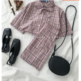 set áo sơ mi cộc tay+chân váy kẻ caro
