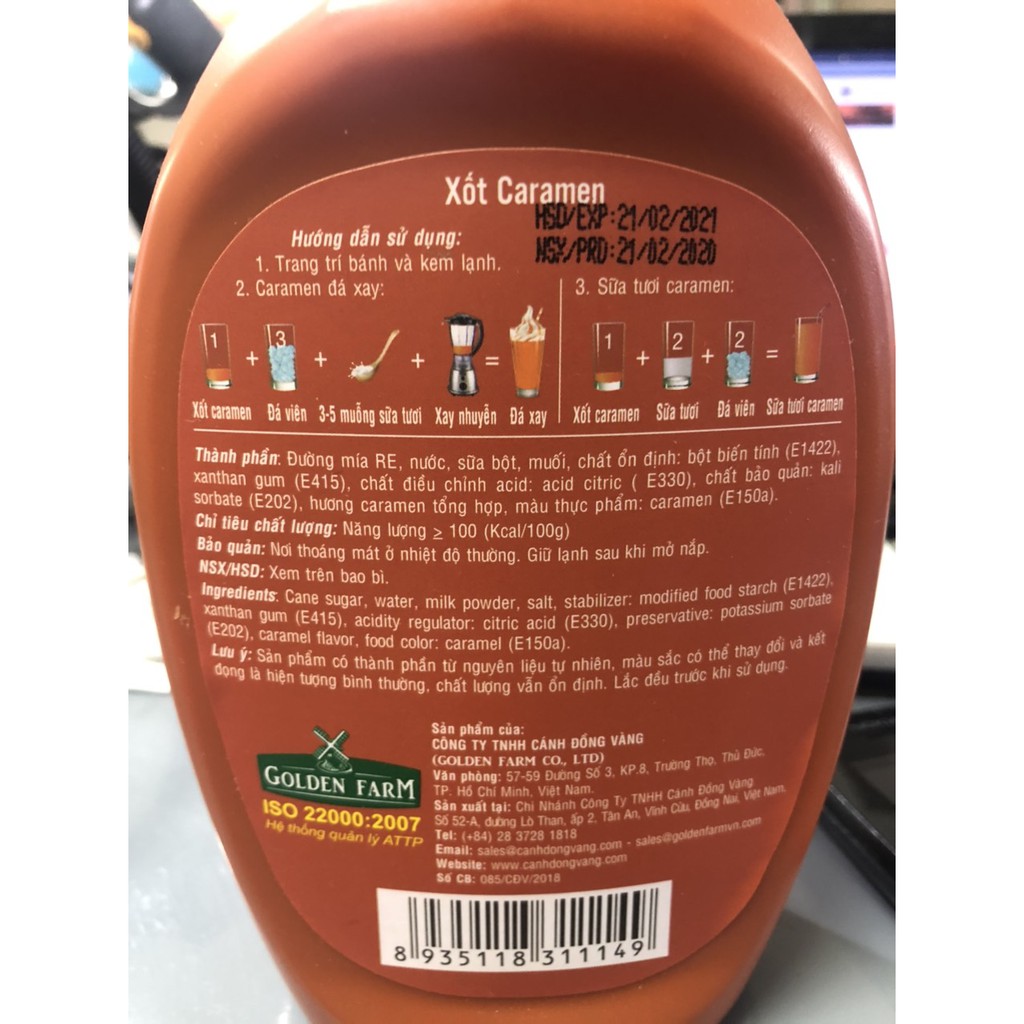 Topping Caramen ( Sốt Caramen ) chai 630g Golden Farm khuyến mại cận date