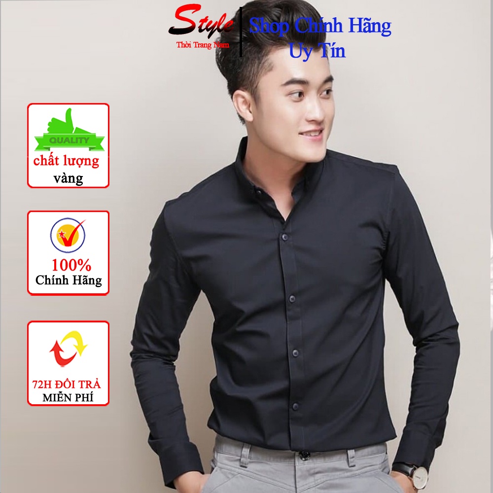(CHỈ 3 NGÀY) Sơ mi đen cổ tàu vải lụa cao cấp chống nhăn chống xù chông bám bụi Cao Cấp