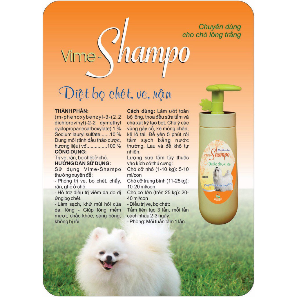 VEMEDIM Vime Shampoo - Sữa tắm chó, diệt ve chó, bọ chét (chuyên dùng cho chó lông trắng) Vime Shampo-Lonton store