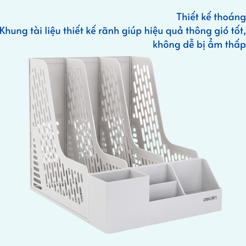 Set giá tài liệu 3 ngăn kèm hộp bút Deli - Màu Xám - Z00112