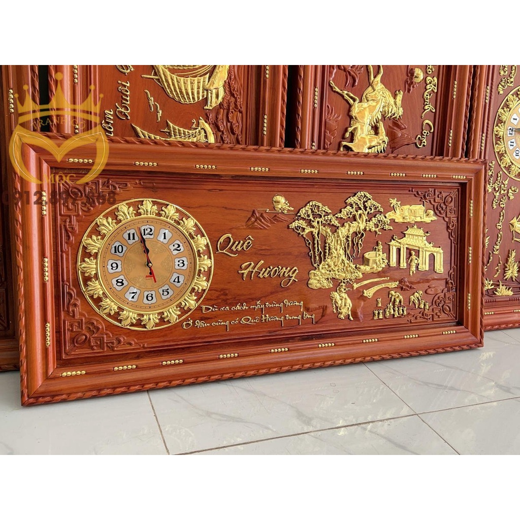 Tranh Đồng Hồ Gỗ Hương Thếp Vàng kích thước 48cm x 108cm