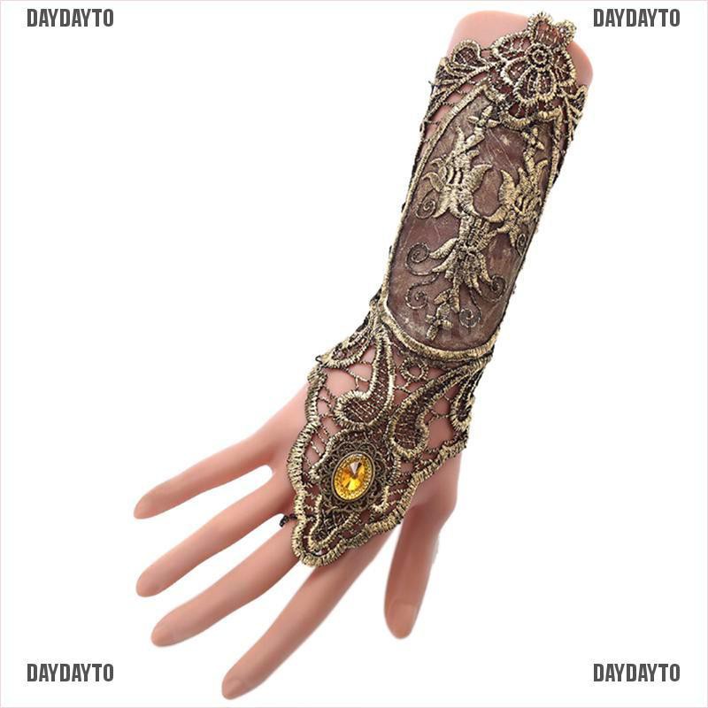 Găng tay không xỏ ngón phối ren làm ấm cánh tay màu vàng dây buộc đen phong cách cổ điển quý tộc