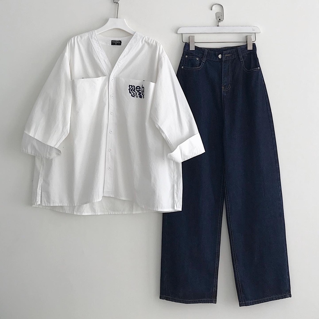 Áo Sơ Mi Nữ Form Rộng JEM CLOSET Áo Sơ Mi Tay Lỡ Cổ V Phong Cách Vintage Basic 2 Màu Đen Trắng MEH 10208
