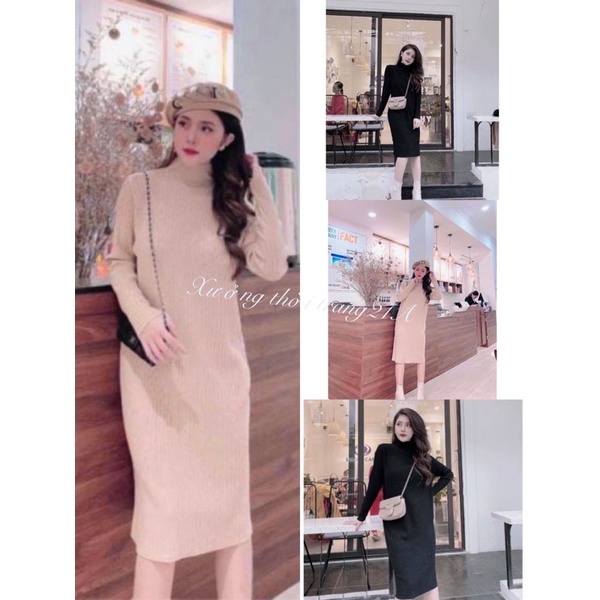 Váy đầm suông chất len gân dày dặn co giãn 2 màu đen,nude -ĐS01