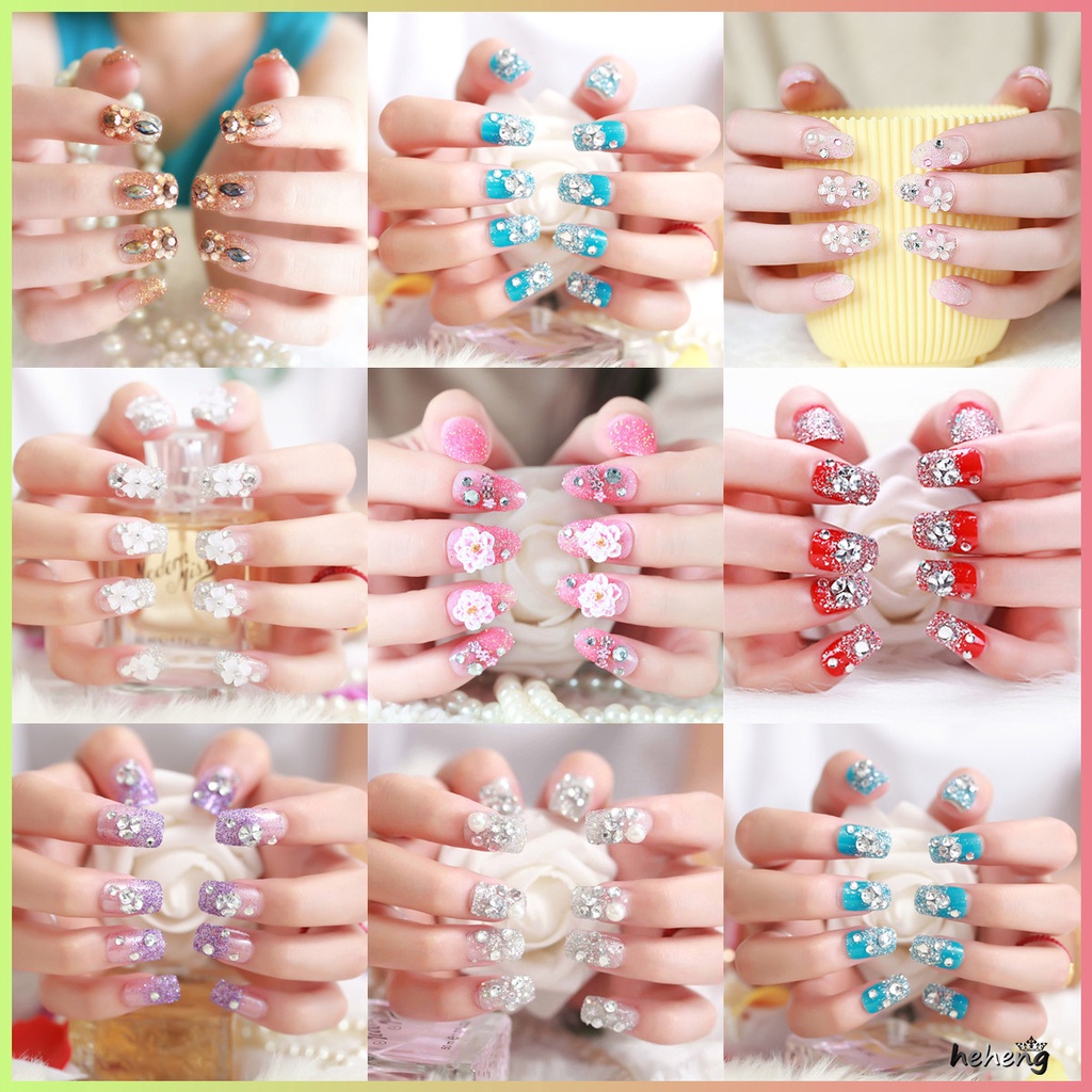 Set 24 móng tay giả đính đá nhân tạo vàng kim lấp lánh thời trang cho nữ