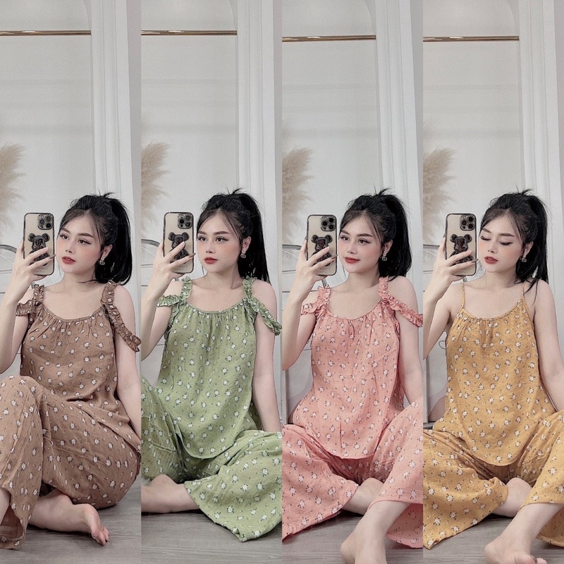 Set bộ mặc nhà hàng thiết kế hai dây trễ vai đồ ngủ dễ thương cho nữ