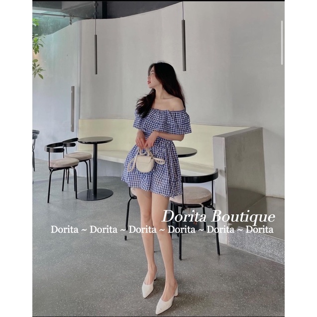 Váy trễ vai caro Daisy tay bồng Hàn Quốc, Đầm Caro xanh Daisy - Dorita Boutique | BigBuy360 - bigbuy360.vn