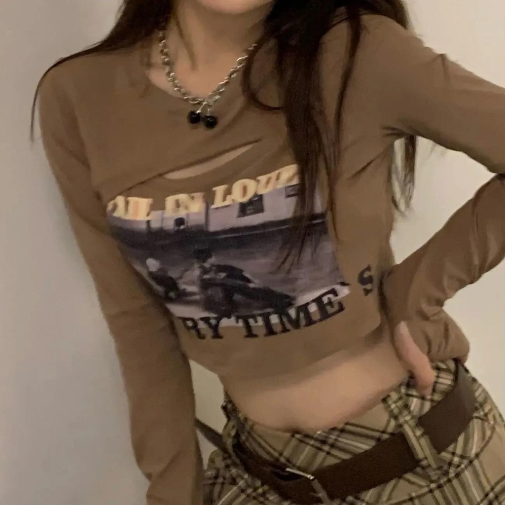 Áo thun COZOK nữ dài tay cổ tròn in hình thời trang Hàn Quốc