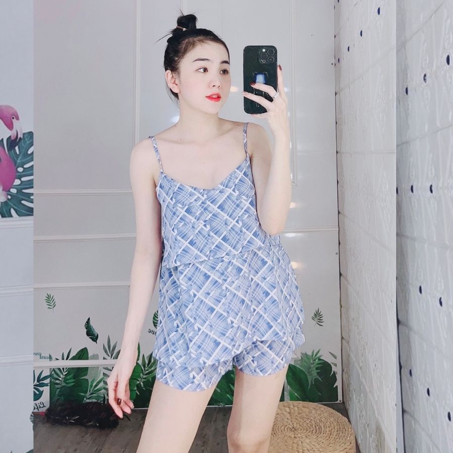 Đồ ngủ nữ lụa hai dây pijama pyjama lụa 100D bộ ngủ mặc nhà 2 dây sexy quần đùi cute dễ thương cao cấp  ESHOP PM02