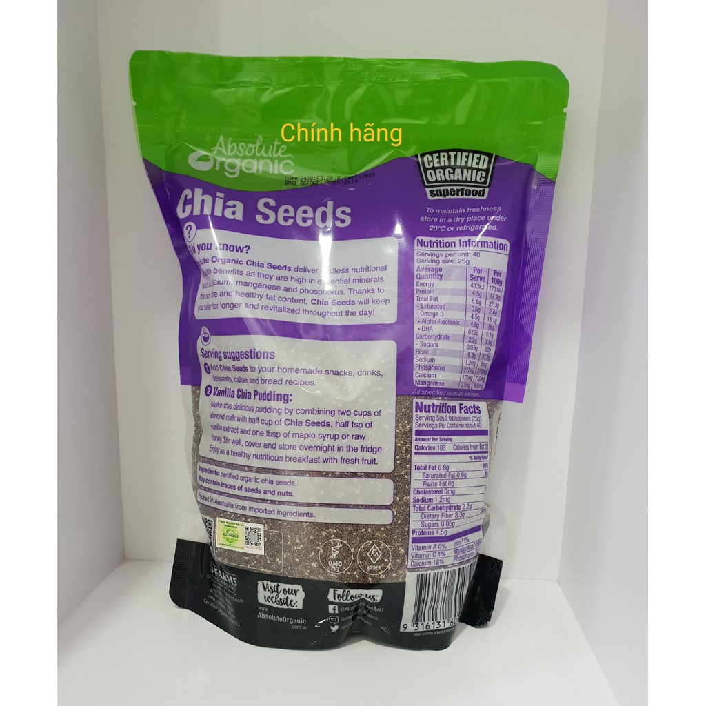 Hạt Chia Úc Absolute Organic Chia Seeds 1kg (Mẫu mới)