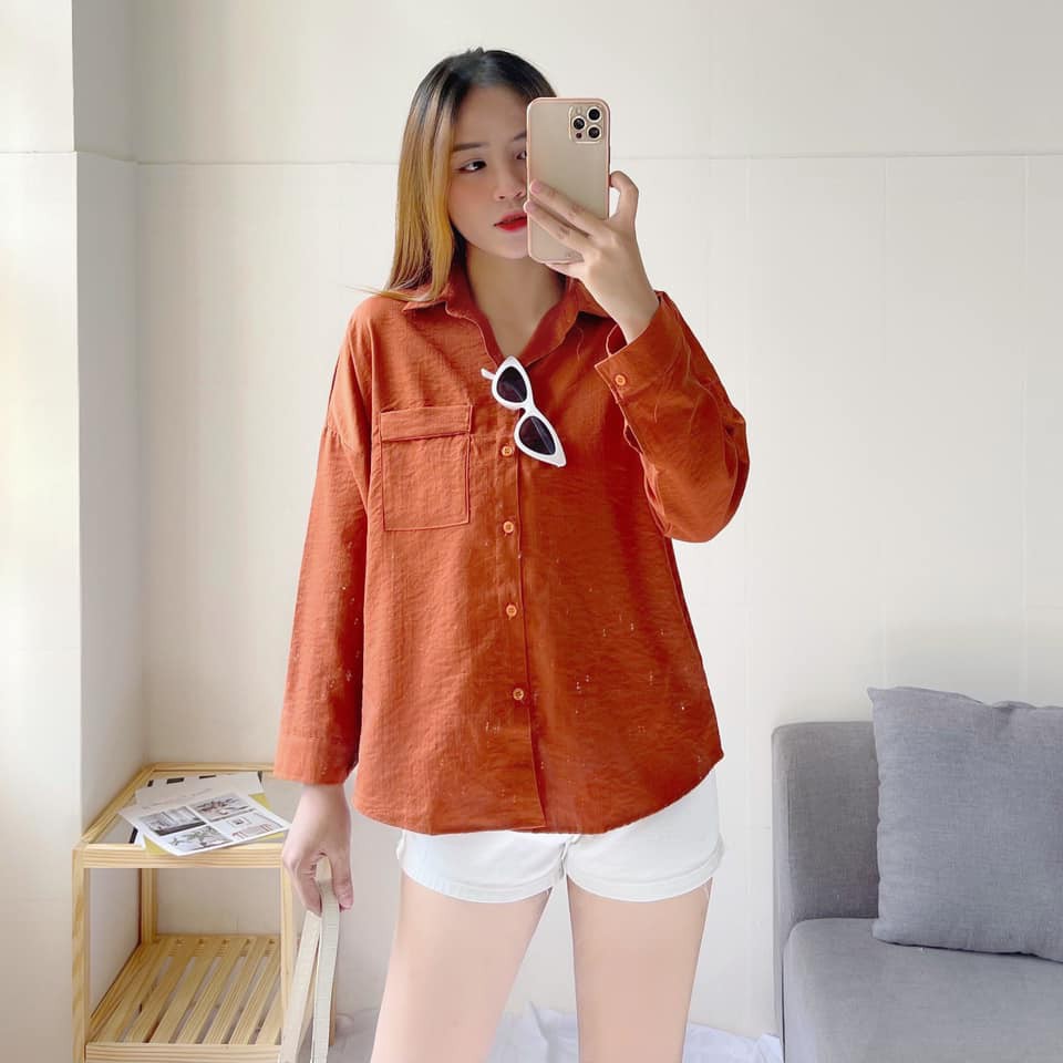 Áo sơmi nữ sơmi túi gấp form rộng dài tay kiểu công sở đẹp CHIBEST_AA001