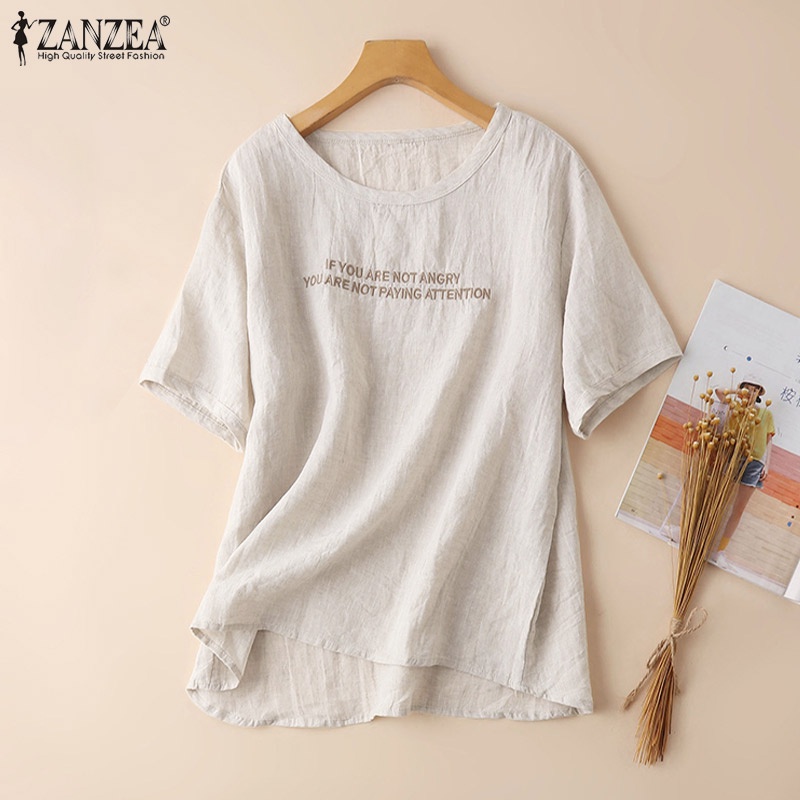 Áo thun Zanzea tay ngắn cổ tròn thêu chữ đơn giản thời trang cho nữ