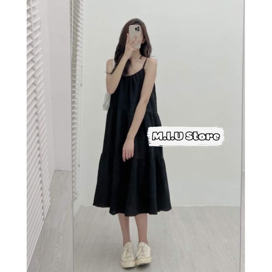 Váy đầm hai dây maxi xòe tầng đi biển dáng babydoll rộng chất đũi mềm mát