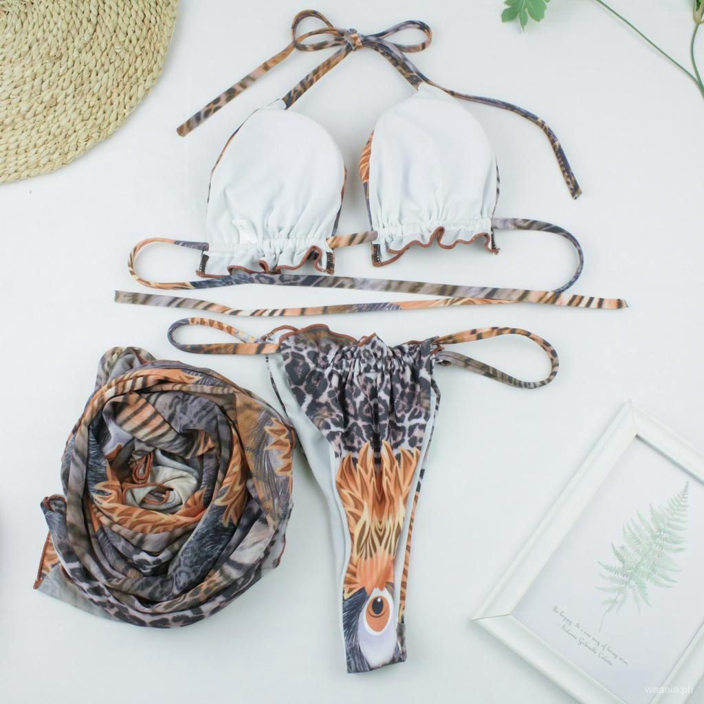 Bộ Đồ Bơi Bikini 3 Mảnh Họa Tiết Động Vật Hoang Dã Kèm Vỏ Bọc Bằng Lưới Cho Nữ